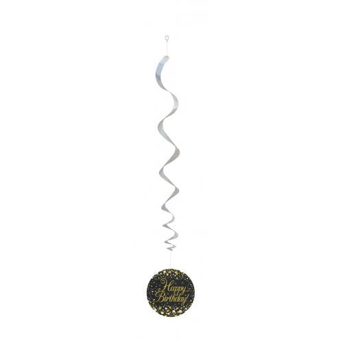 6pk Hanging Swirl Decoration Sparkling Happy Birthday - Black Gold - Everything Party