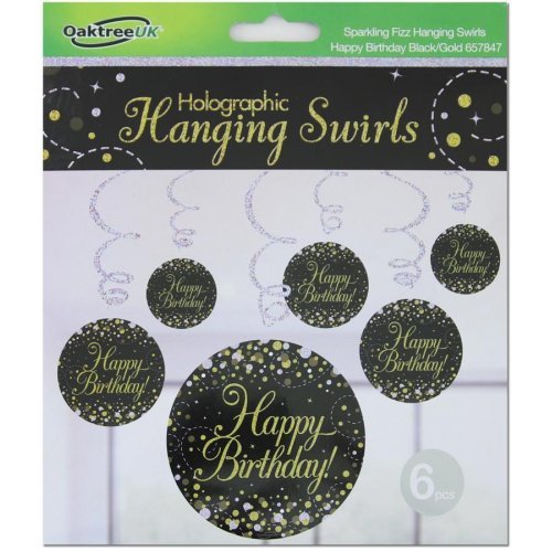 6pk Hanging Swirl Decoration Sparkling Happy Birthday - Black Gold - Everything Party