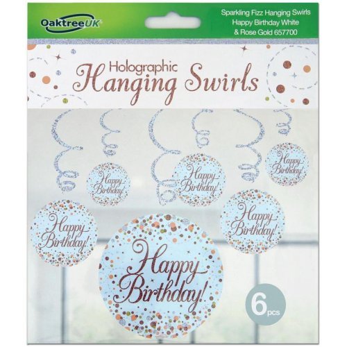 6pk Hanging Swirl Decoration Sparkling Happy Birthday - Rose Gold - Everything Party