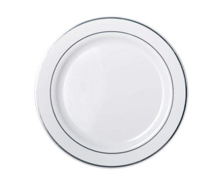 6pk Heavy Duty Reusable White Plastic Plates with Silver Lining - Everything Party