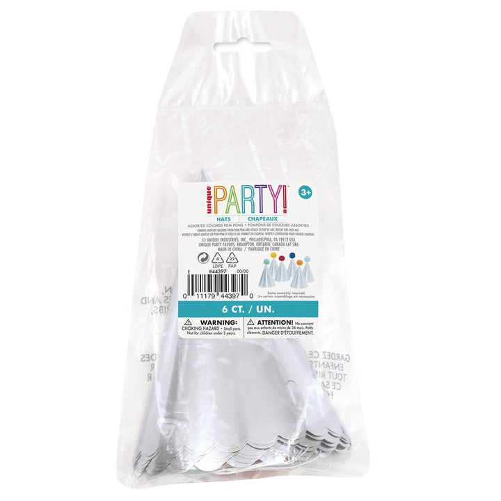 6pk Silver Foil Pom Pom Birthday Party Hats - Everything Party