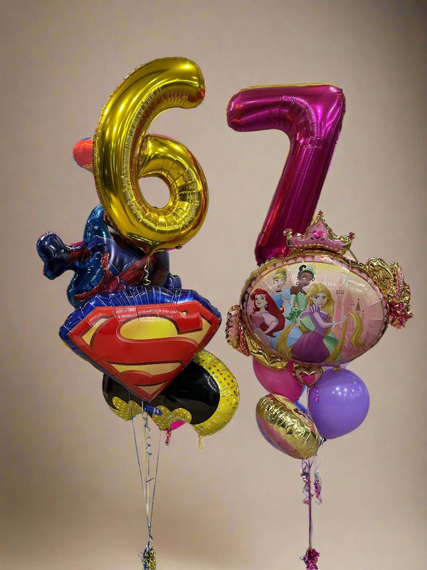 6th Birthday Super Hero and 7th Birthday Disney Princess Foil Balloon Arrangment - Everything Party