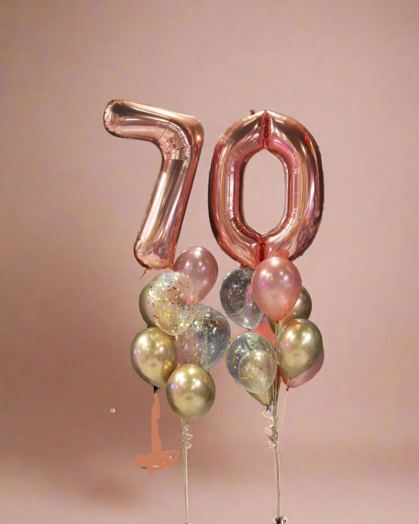 70th Birthday Rose Gold Number Shape Confetti Balloon Bouquets - Everything Party