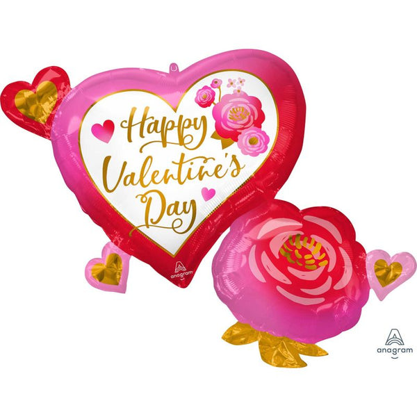 81cm Anagram “Happy Valentine’s Day” Floral Heart Foil Balloon - Everything Party