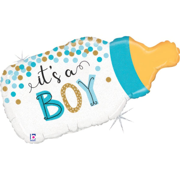 83cm Holographic Confetti Baby Boy Bottle Shape Foil Balloon - Everything Party