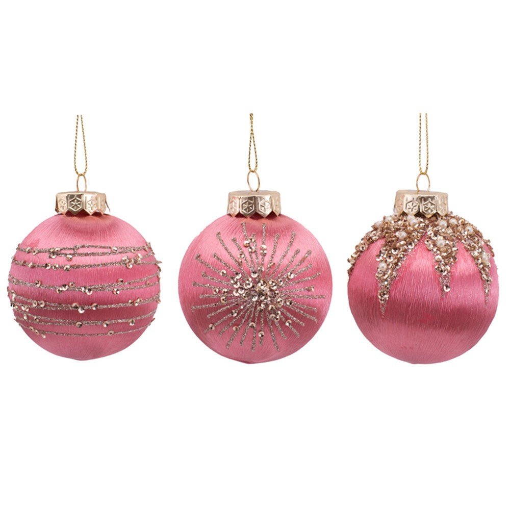 8cm Blush Pink Thread Bauble with Champagne Glitter Detail Christmas T ...
