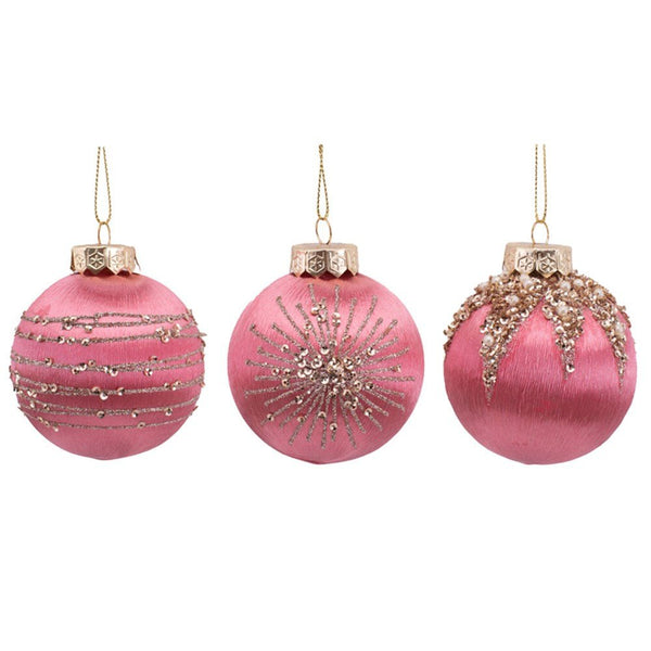 8cm Blush Pink Thread Bauble with Champagne Glitter Detail Christmas Tree Decor - Everything Party