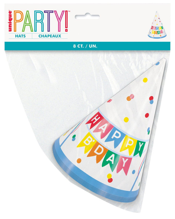 8pk Bold Rainbow Birthday Party Hats - Everything Party