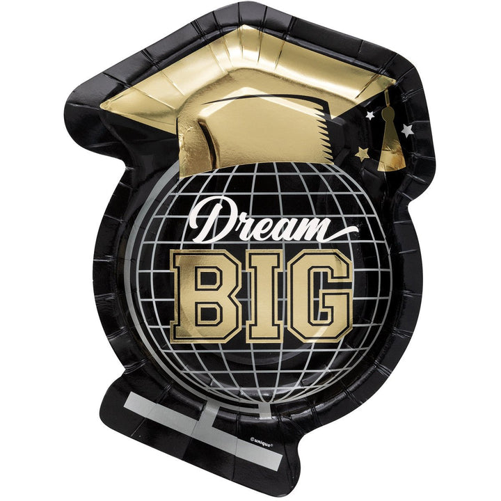 8pk Dream Big Foil Stamped Globe Shape Graduation Paper Plates - Everything Party