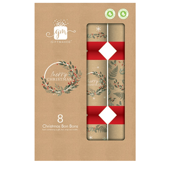 8pk Eco - Friendly Kraft Christmas Crackers – Christmas Wreath Design - Everything Party