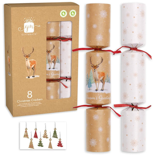 8pk Eco - Friendly Kraft Reindeer Christmas Crackers – Kraft & White Snowflake Design - Everything Party