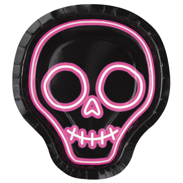 8pk Halloween Neon Light Skull Shaped Paper Plates - Everything Party