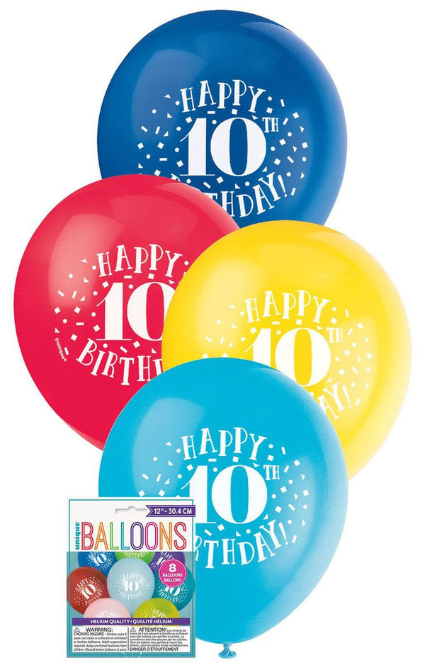 8pk Happy 10th Birthday Assorted Latex Balloon 30cm - Everything Party