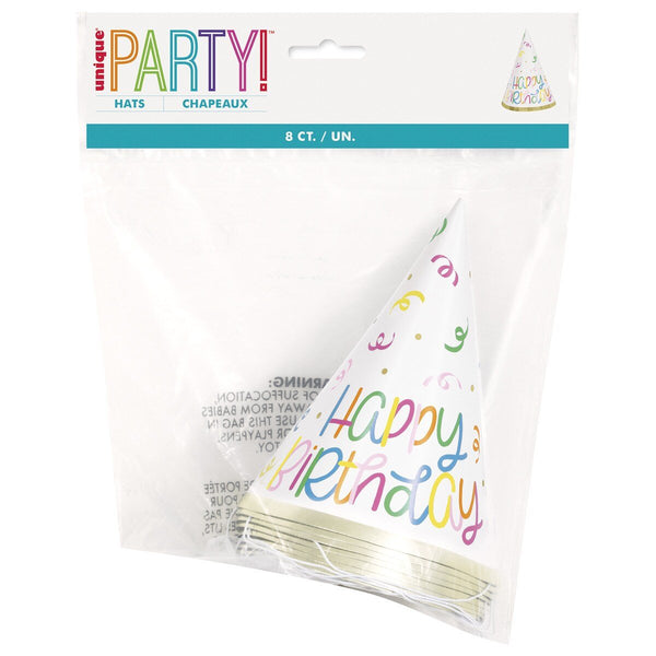 8pk Happy Birthday Cone Party Hats – Multicolour Swirl Design - Everything Party
