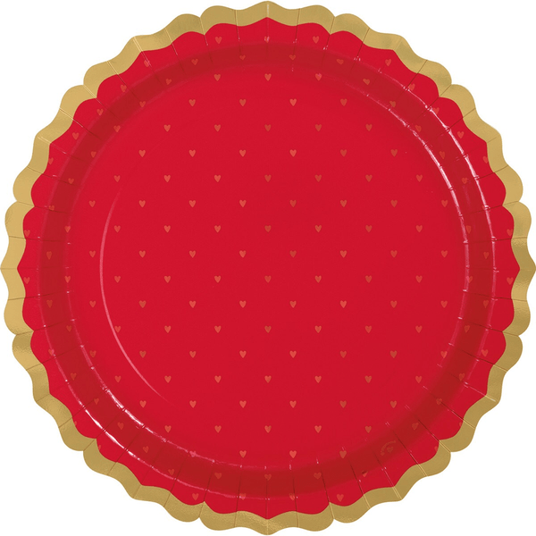 8pk Red & Gold Scalloped Foil Stamped Hearts Paper Plates 23cm - Everything Party