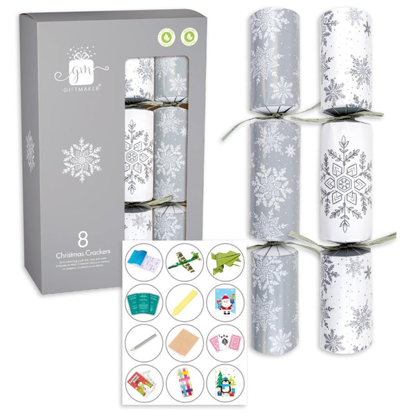 8pk Traditional Christmas Crackers – Silver & White Snowflake Design - Everything Party