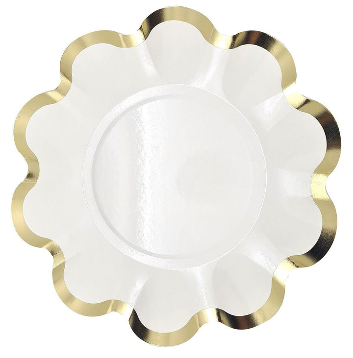 8pk White & Gold Scalloped Edge Foil Stamped Paper Plates – 21cm - Everything Party