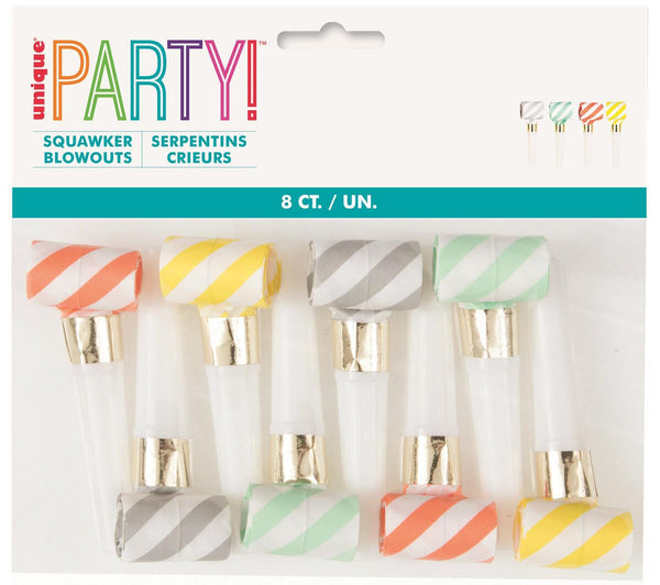 6 Pack Striped Squawker Blowouts – Assorted Colours