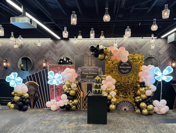 1920 Gatsby Theme-Gold Shimmer wall with Balloon Garland and Light up Flowers