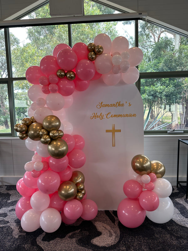 First Holy Coummunion Balloon Garland with Round Top Customized Backdrop