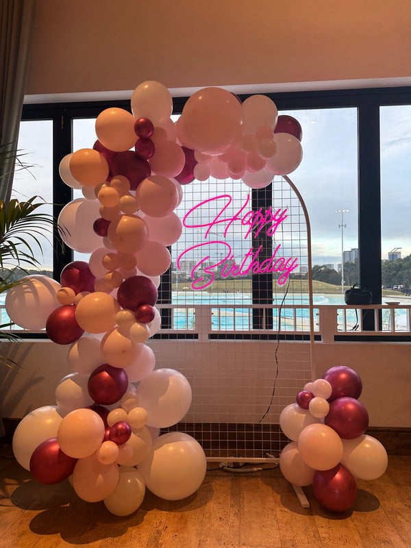 18th Birthday Balloon Garland with Round Top Mesh Backdrop and Neon Sign
