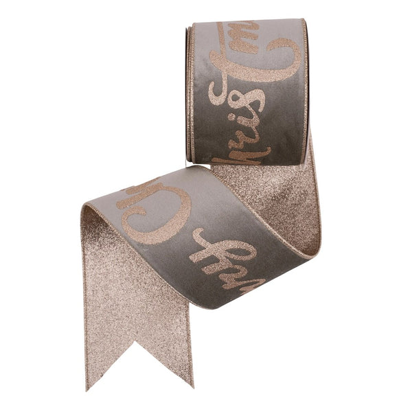 10cm x 10m Sage Velvet Ribbon with Champagne Glitter “Merry Christmas” & Wire Edge