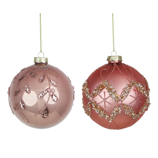 10cm Pink Glass Bauble with Glitter Detail (2 Assorted Designs)