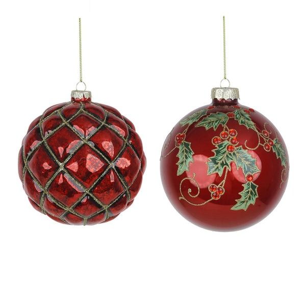 12cm Red Glass Bauble with Glitter Detail (2 Assorted Designs)