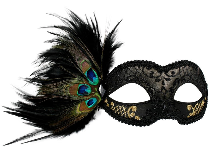 Adriana Black & Gold Masquerade Face Mask with Peacock Feather - Everything Party