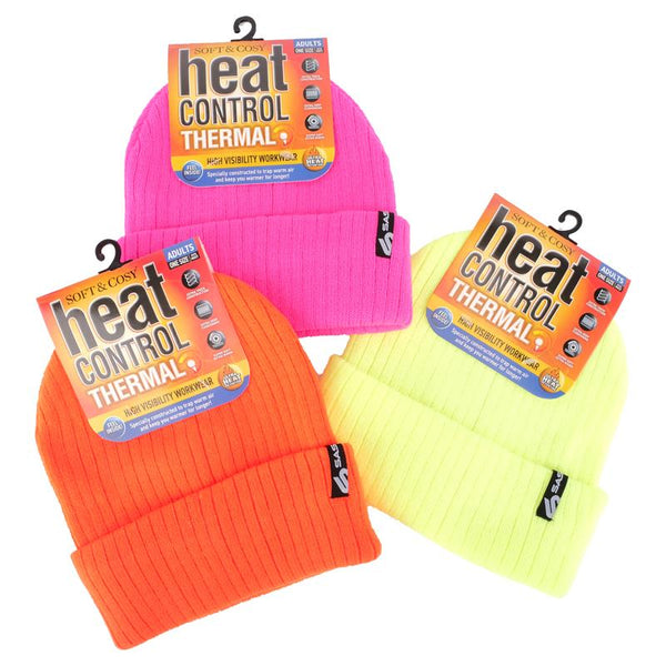 Adult Fluro Beanie Heat Control Thermal Lined Workwear Rolled Cuff Hi-Vis - Everything Party