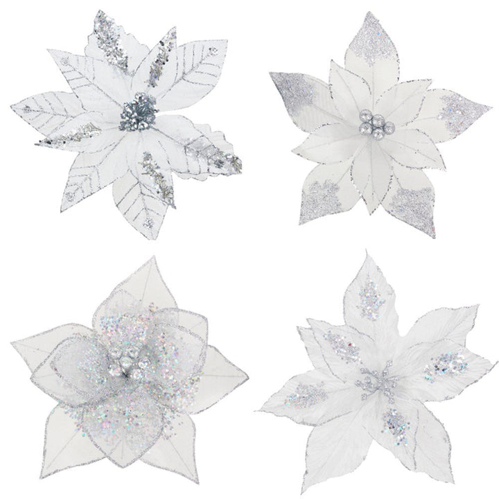Assorted 29cm White & Silver Poinsettia with Clip Christmas Decor - Everything Party