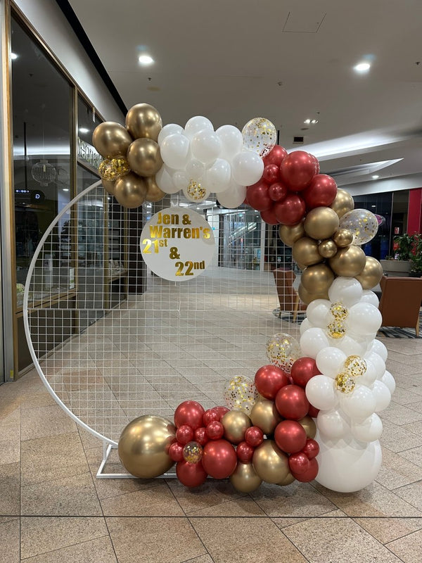 Birthday Balloon Garland with Customized Decal Sticker on Round Mesh Backdrop - Everything Party