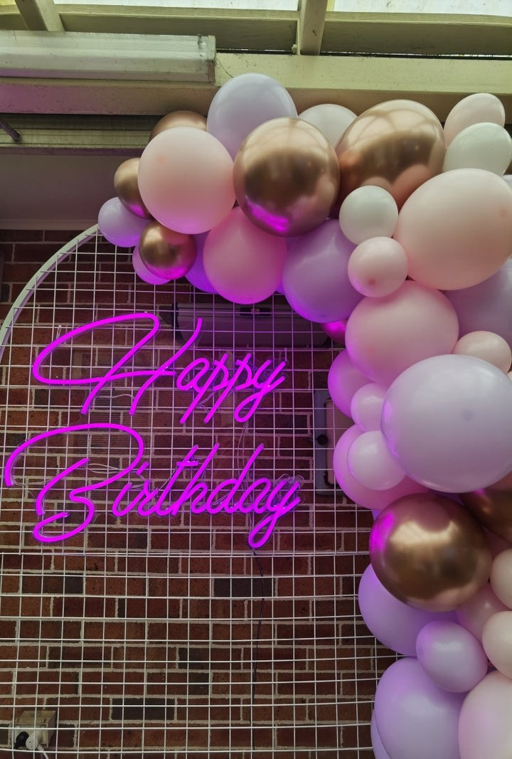 Birthday Balloon Garland with Round Top Mesh Backdrop and Neon Sign - Everything Party