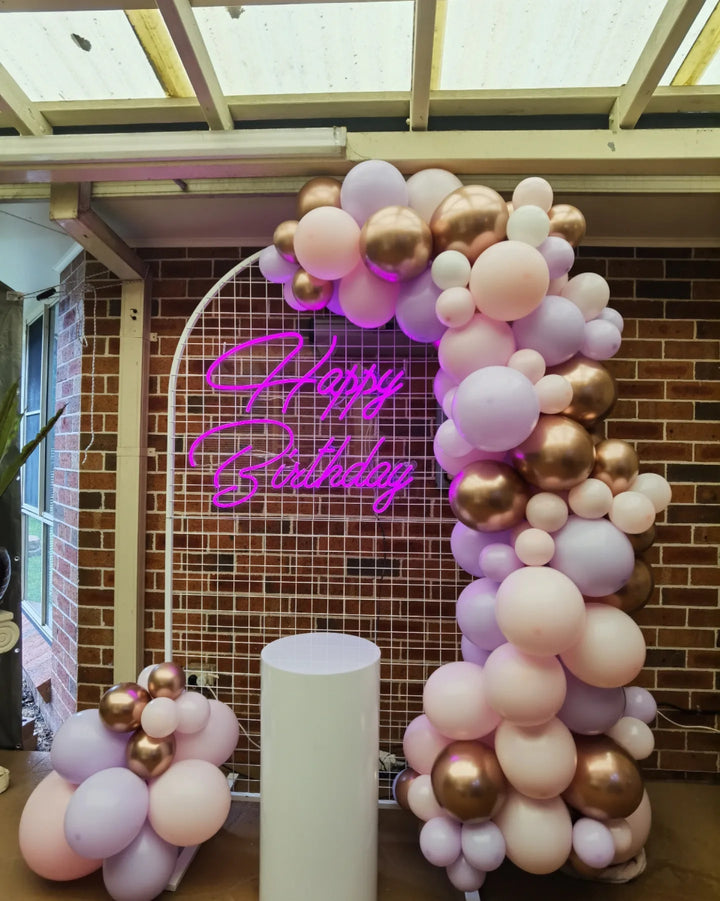 Birthday Balloon Garland with Round Top Mesh Backdrop and Neon Sign - Everything Party