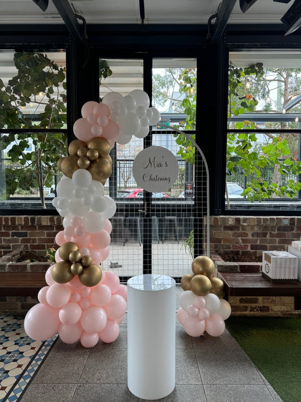 Christening Balloon Garland with Round Top Mesh Backdrop - Everything Party