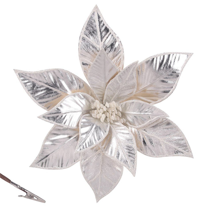 Christmas Artificial Flower Platinum Poinsettia with Clip - Everything Party