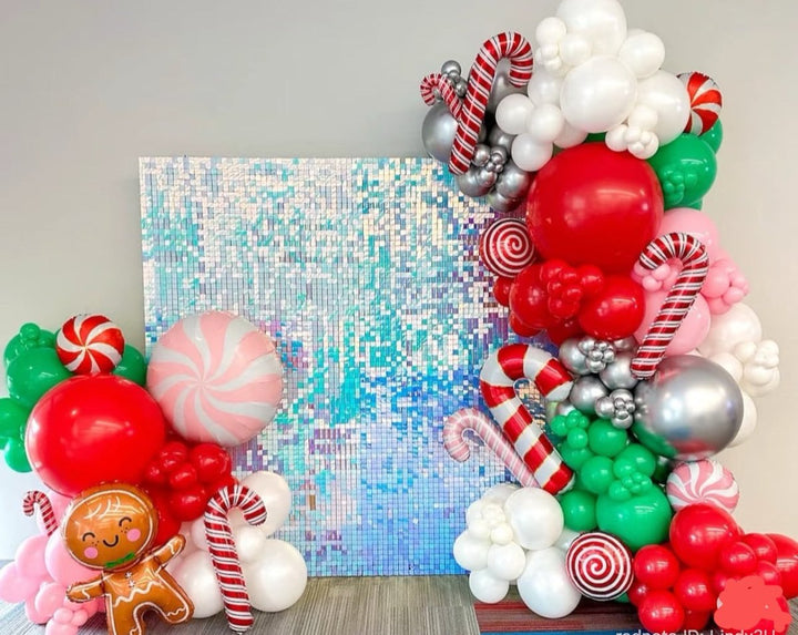 Christmas Corporation Party Balloon Decoration - Shimmer wall with Balloon garland - Everything Party
