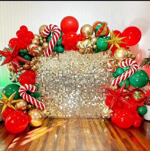 Christmas Corporation Party Balloon garland with Champagne gold shimmer wall - Everything Party
