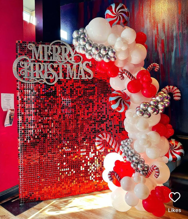 Christmas Corporation Party Balloon garland with red shimmer wall - Everything Party