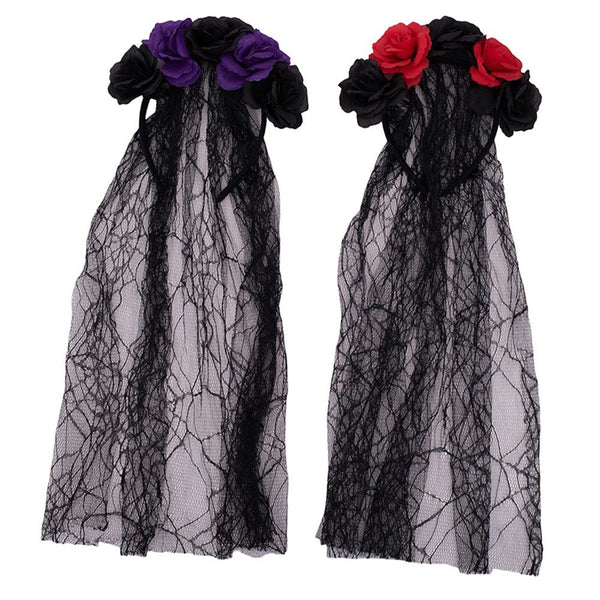 Day of the Dead Floral Headband with Veil – Assorted Colours - Everything Party