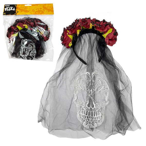 Day of the Dead Red Glitter Rose Headband with Black Veil - Everything Party