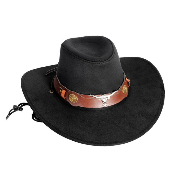 Deluxe Black Suede Cowboy Hat with Bull Head Band - Everything Party