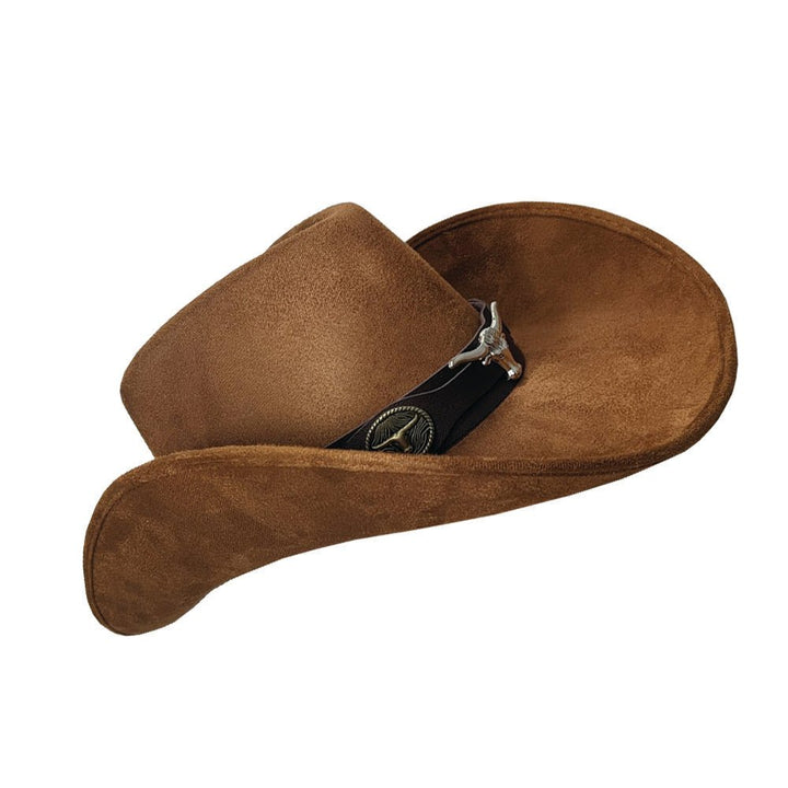 Deluxe Brown Suede Cowboy Hat with Bull Head Band - Everything Party