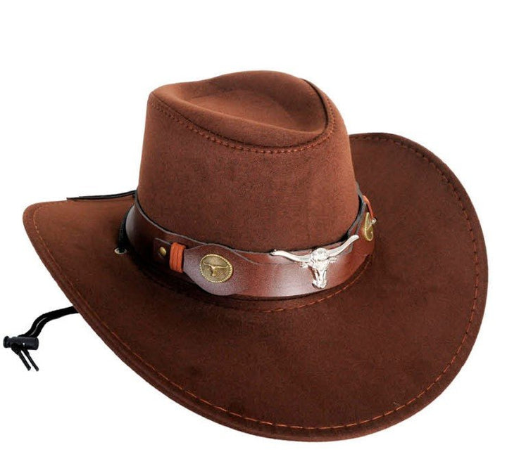 Deluxe Dark Brown Suede Cowboy Hat with Bull Head Band - Everything Party