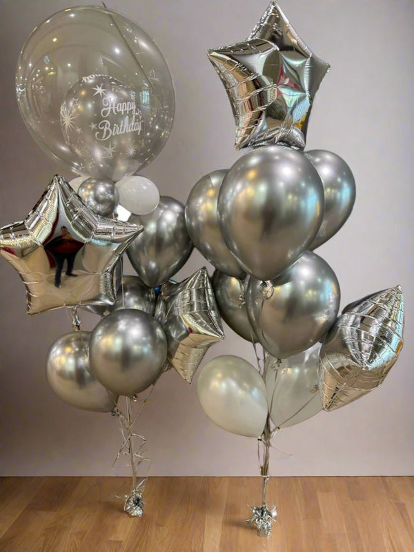 Double Bubble Silver Theme Birthday Helium Balloon Arrangements - Everything Party