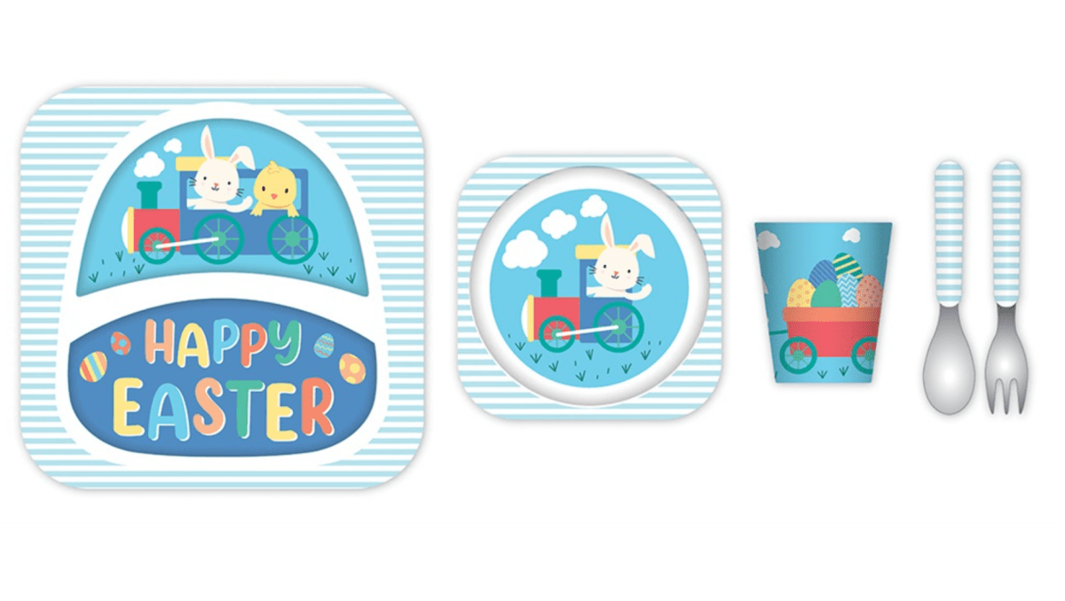 Easter Kids Bamboo Tableware Set – 5 Piece Bunny Train Dinner Set ...