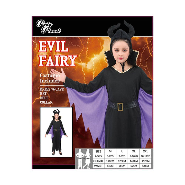 Girl Evil Fairy Costume – Includes Dress with Cape, Hat, Belt & Collar - Everything Party