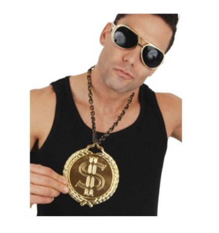 Gold Dollar Sign Medallion Necklace – 12cm Bling Accessory - Everything Party