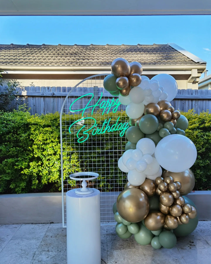 Happy Birthday Balloon Garland with Round Top Mesh Backdrop and Neon Sign - Everything Party