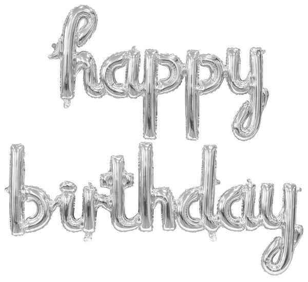 Happy Birthday Script Foil Balloon Banner - Silver - Everything Party